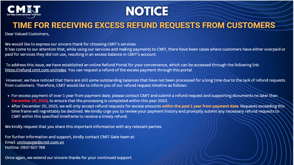 NOTICE - TIME FOR RECEIVING EXCESS REFUND REQUESTS FROM CUSTOMERS