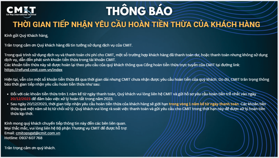 THÔNG BÁO - THỜI GIAN TIẾP NHẬN YÊU CẦU HOÀN TIỀN THỪA CỦA KHÁCH HÀNG